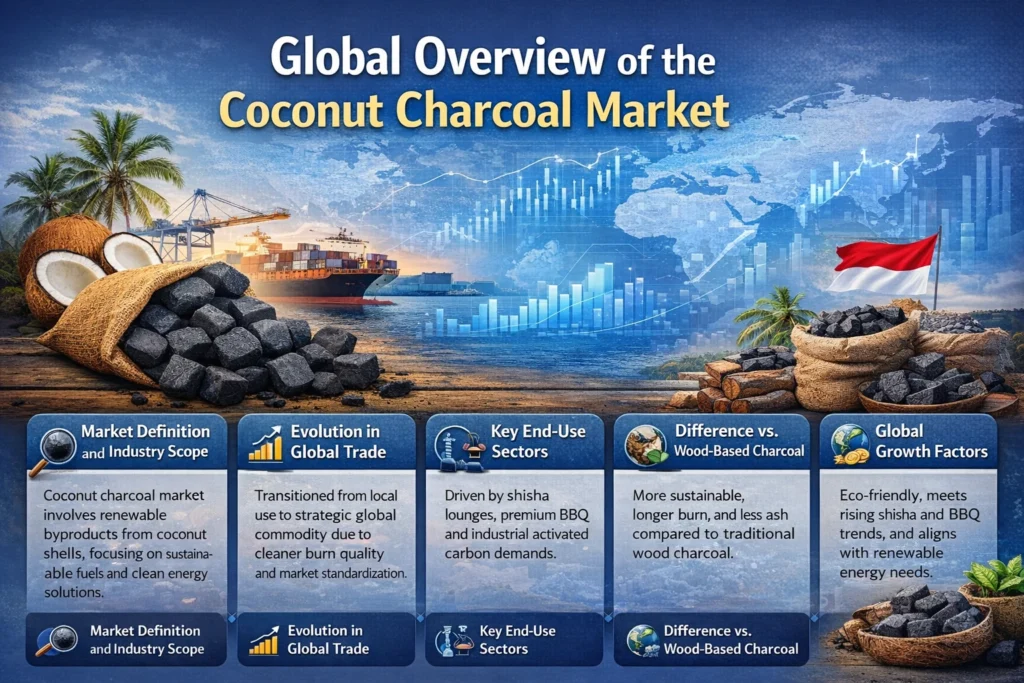 Global overview of the coconut charcoal market showing demand drivers, end-use sectors, and Indonesia’s position in global trade